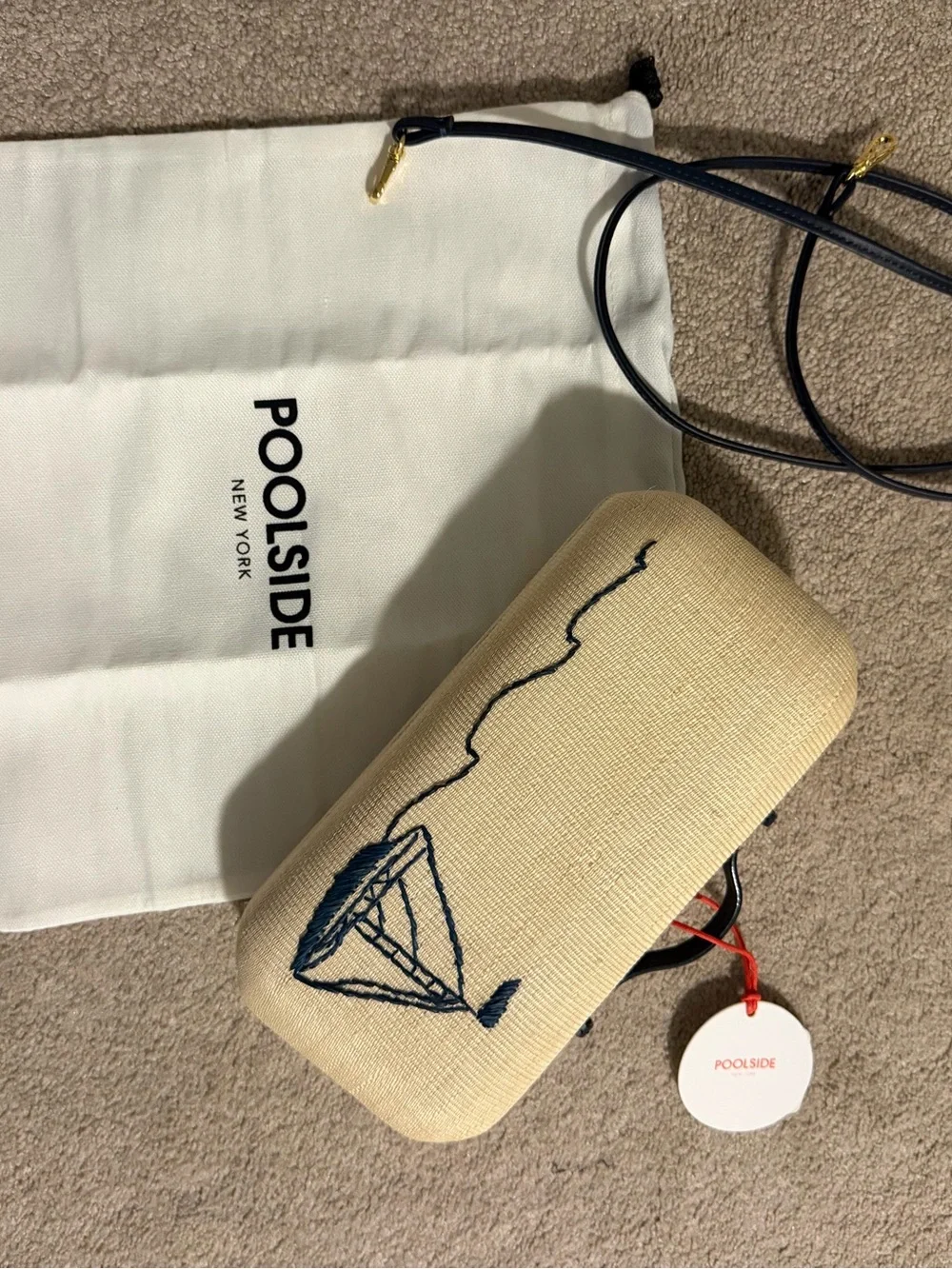 Cream Embroidered Sailboat Clutch with Black Top Handle